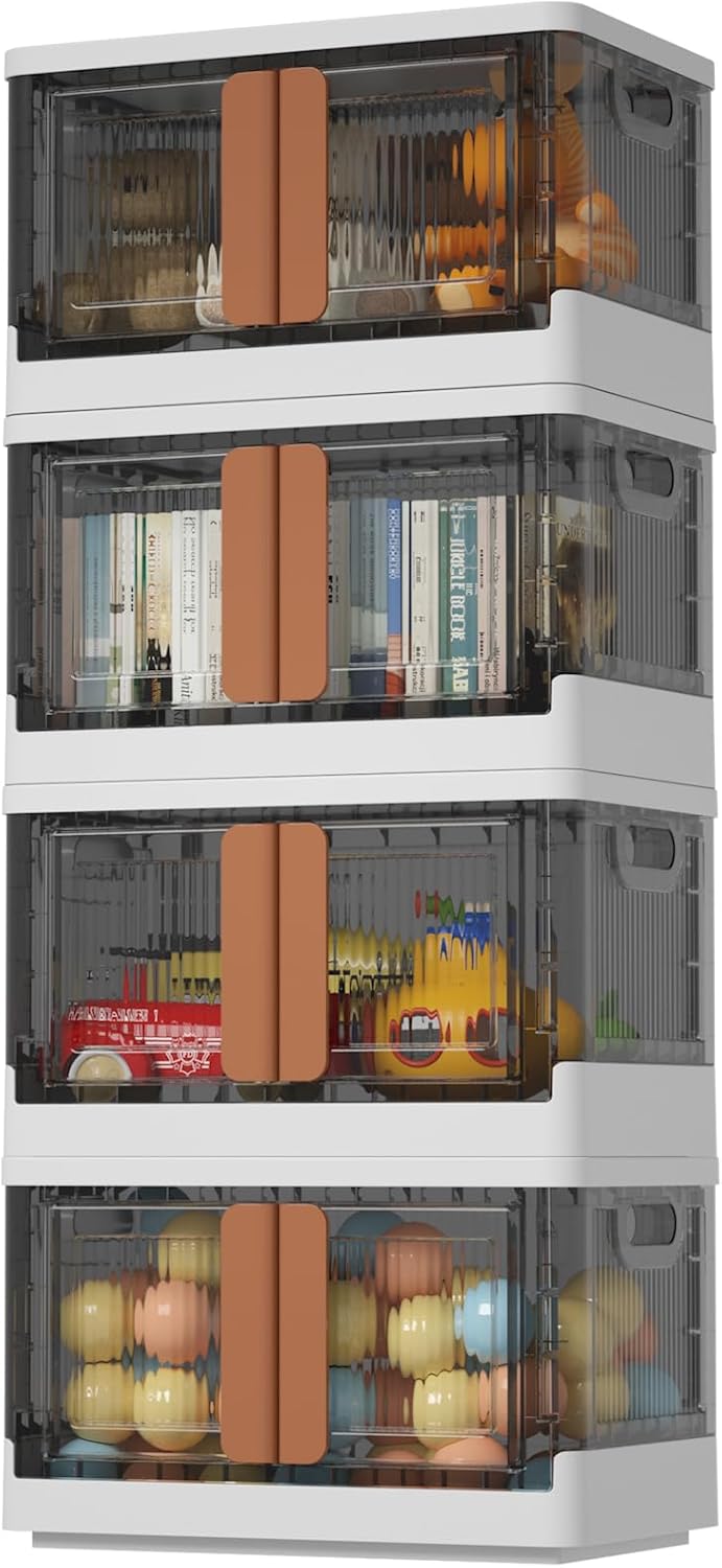 HAIXIN Plastic Storage Containers, Stackable Closet Organizers and Storage, Folding Bookshelf for Bedroom, 8.4 Gal Collapsible Laundry Organizer, 4 Pack