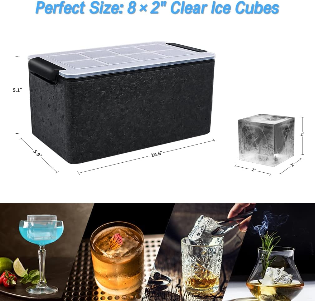 TINANA Upgrade 2 Inch Clear Ice Cube Tray Make 8 Large Square Crystal Clear Ice Cube Maker for Cocktail, Whiskey & Bourbon Drinks, Gifts for Men