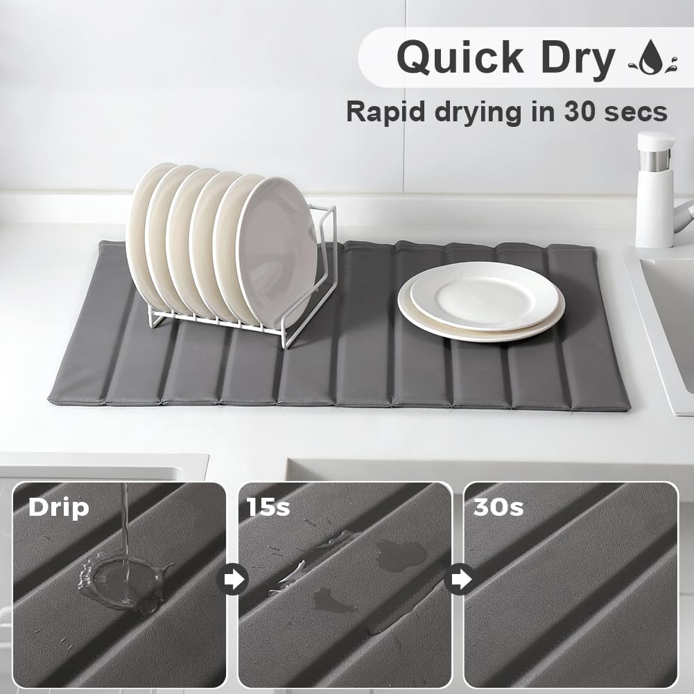 Large Stone Dish Drying Mat for Kitchen Counter, 25.2" × 16.1" Quick Dry Collapsible Diatomaceous Earth Mat with PU Leather, Waterproof Bottom, Absorbent Drying Matt for Dishes Cookware Bottles Cups