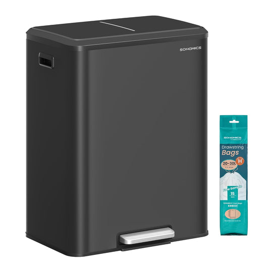 SONGMICS Trash Can, 2 x 8 Gallon (2 x 30 L) Double Garabge Can for Recycling and Waste, Stainless Steel, Soft-Close Lid, Inner Buckets, Wide Sturdy Pedal, Ink Black ULTB556B01
