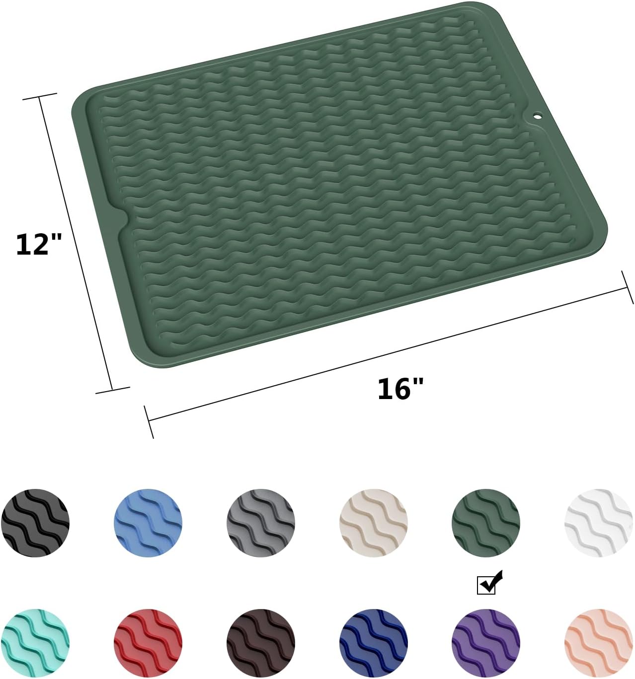 ZLR Silicone Dish Drying Mat for Kitchen Counter, Eco-Friendly Fast Dry Dish Mat, Easy Clean Multi Usage Drying Matt, Heat Resistant Trivet, 12" x 16" Large, Dark Green