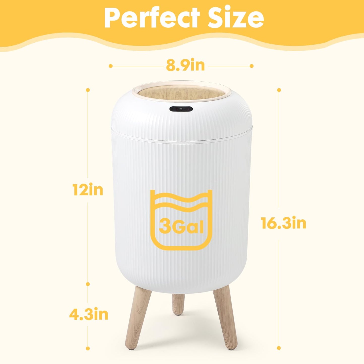 Automatic Motion Sensor Bathroom Trash Can with Lid, 3 Gallon / 11L Touchless Trash Garbage Bin with Removable Legs for Kitchen, Bedroom, Office, Small Trash Cans Trashcan Wastebasket-White