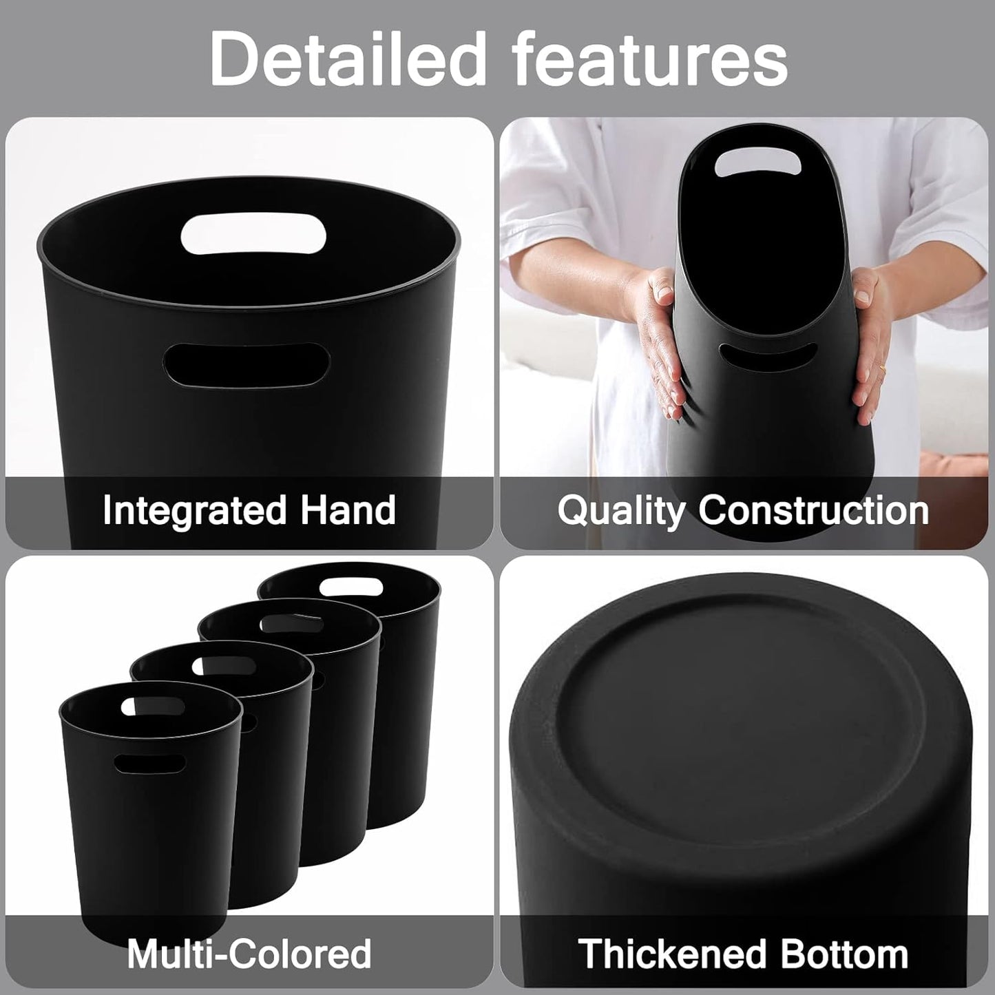 4 Pack Small Trash Can for Bathroom - 3 Gallon/12-Liter Wastebasket, Round Plastic Garbage Container Bin for Bedroom Office Black.