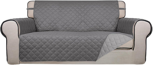 PureFit Reversible Quilted Sofa Cover, Water Resistant Slipcover Furniture Protector, Washable Couch Cover with Non Slip and Elastic Straps for Kids, Dogs, Pets (Oversized Loveseat, Gray/Light Gray)
