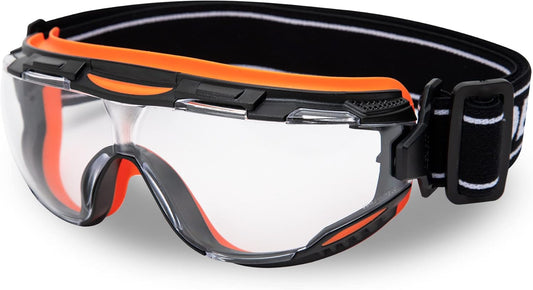DEX FIT Protective Safety Goggles SG220; Anti Fog & Scratch, Z87 Eye Protection for Lab, Science, and Chemistry Work, Adjustable for Women and Men, (Black & Orange Frame, Clear Lens, 19cm Strap)