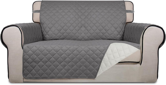 PureFit Reversible Quilted Sofa Cover, Water Resistant Slipcover Furniture Protector, Washable Couch Cover with Non Slip and Elastic Straps for Kids, Dogs, Pets (Loveseat, Gray/Ivory)