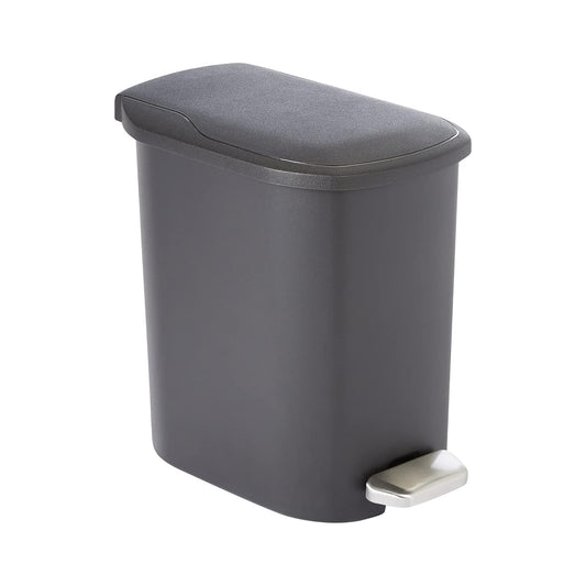 Amazon Basics Compact Plastic Bathroom Trash Can with Hands Free Foot Pedal, Quiet Close Step-On, 6 Liters, Black, Lid Included