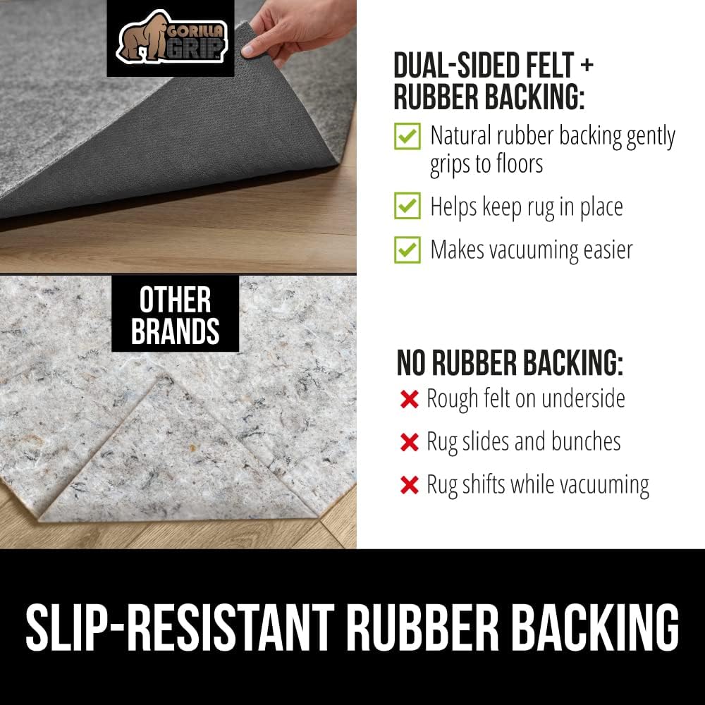 GORILLA GRIP Felt and Natural Rubber Stay in Place Slip Resistant Rug Pad, 1/8in Thick, 6x9 FT Protective Padding Under Area Rugs, Cushioned Gripper Pads, Carpet Runners, Hardwood Floors Protection