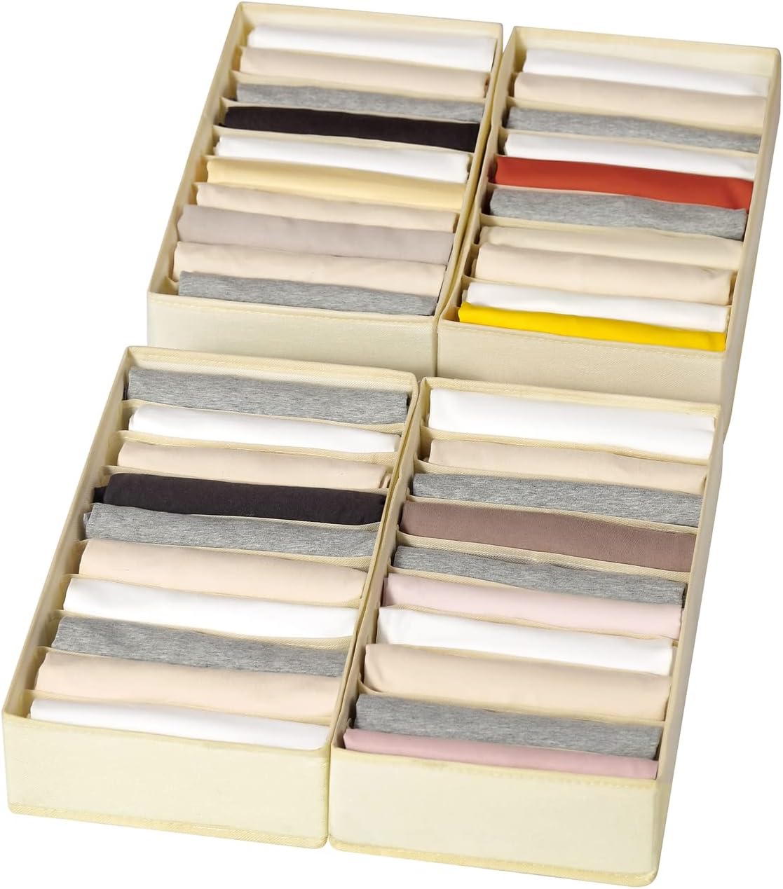 4 Packs T-shirt Drawer Organizers for Clothing,10 Grids Compartment Wardrobe Storage Box, Washable Clothes Organizer for Folded Clothes, T-shirt, Legging-Beige