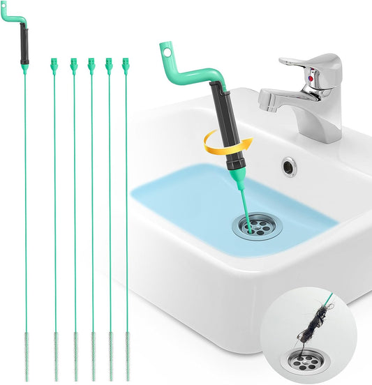 Drain Clog Remover Tool – 30”Anti-break Steel Sink Snake Hair Drain Cleaner Tool, Plumbing Snake with Rotating Handle & 6 Refills, Drain Hair Remover for Shower, Toilet, Kitchen Sink, Bathtub. 6-Pack