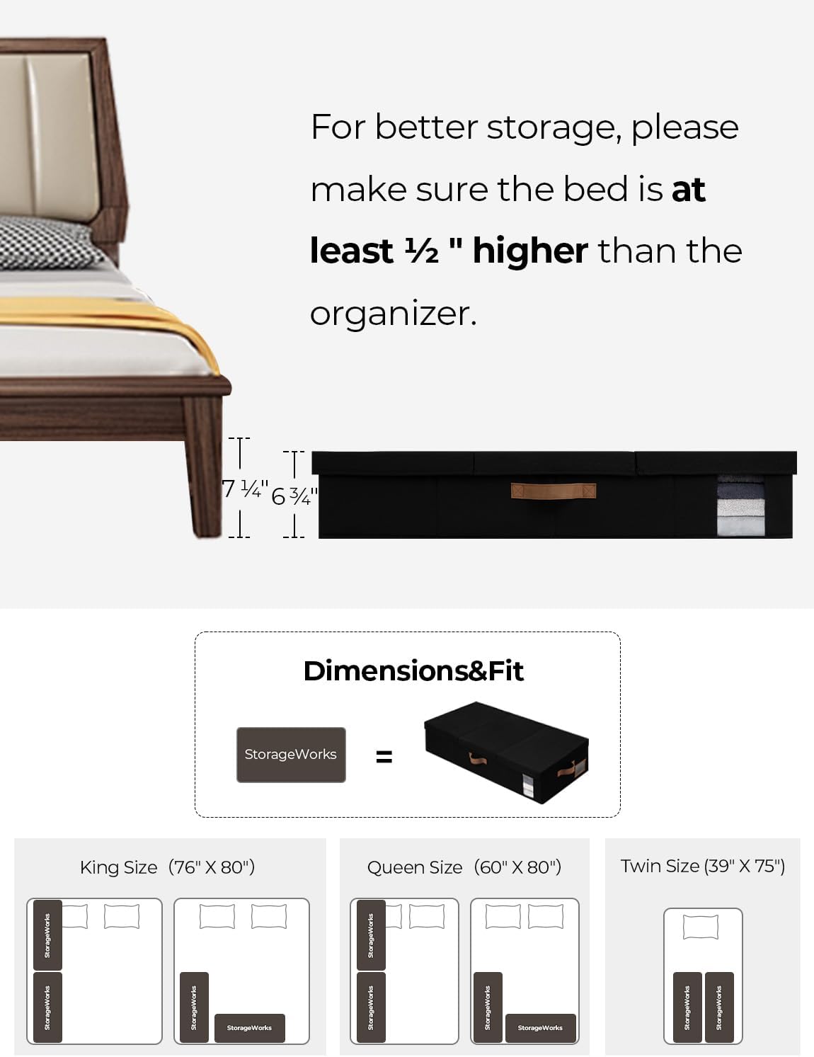 StorageWorks Under Bed Storage with Lid, Underbed Storage Containers with Handles, Underbed Organizer for Bedroom, Foldable Clothing Storage Bins, Box for Blankets, Jumbo, Black, 2-Pack
