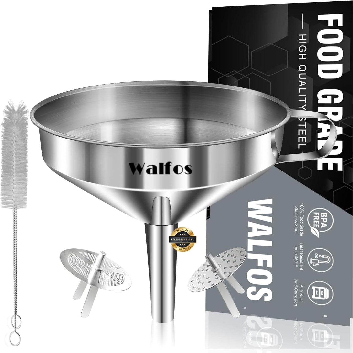 Stainless Steel Funnel, Walfos Kitchen Funnel with 2 Removable Strainer ＆ 1Pc Cleaning Brush, Perfect for Transferring of Liquid, Oils, Jam, Dry Ingredients & Powder (4.1")