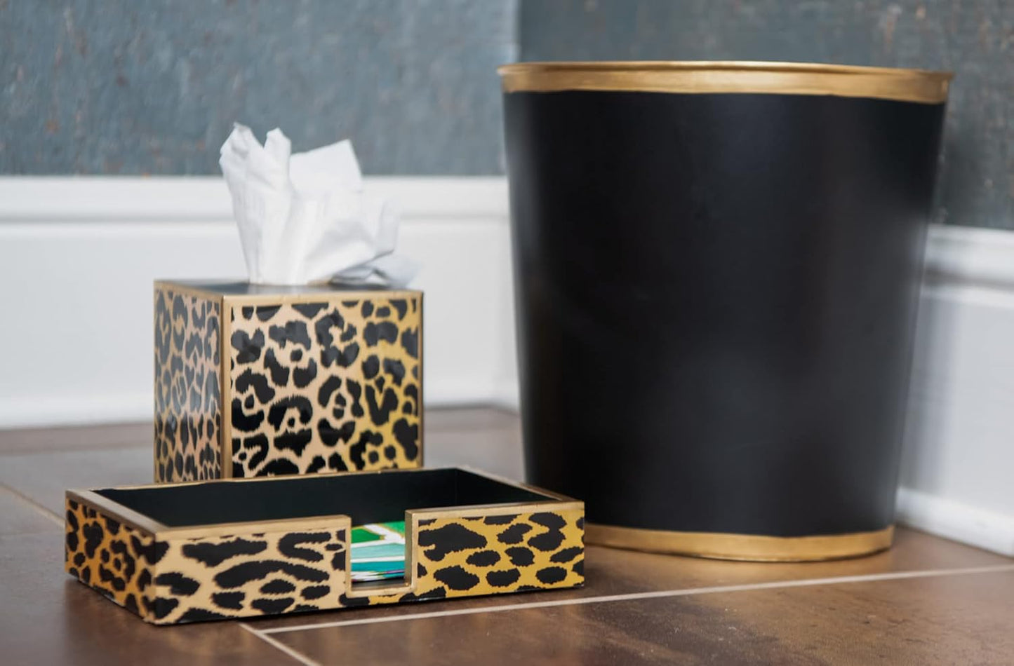 Jaye's Studio Mattie Oval Waste Basket for Bathroom Decorative, Gold Trim & Finish, Hand-Painted, Handcrafted Metal Wastebasket, Garbage Bin & Trash Bin for Bedroom, Office, 12" x 10" x 8" (Taupe)