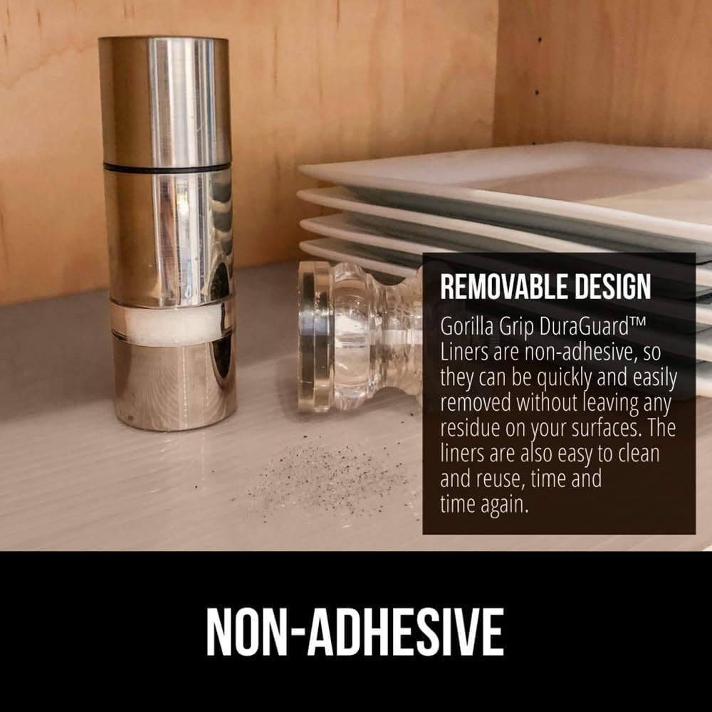 GORILLA GRIP DuraGuard Shelf Liner, Non-Adhesive Cabinet Liners for Kitchen Drawers, Shelves, Refrigerator, Pantry Storage, Bathroom Closet, Durable Waterproof BPA Free Ribbed Plastic, 12x10 Beige