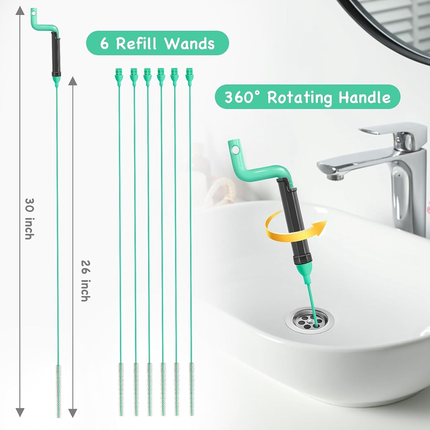 Drain Clog Remover Tool – 30”Anti-break Steel Sink Snake Hair Drain Cleaner Tool, Plumbing Snake with Rotating Handle & 6 Refills, Drain Hair Remover for Shower, Toilet, Kitchen Sink, Bathtub. 6-Pack