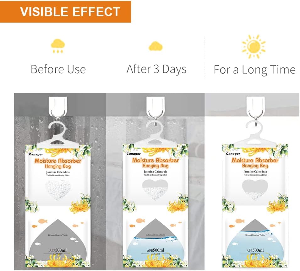 CANAGER Hanging Moisture Absorber, Jasmine Calendula Moistureproof Hanging Bag，Dehumidifier Bag (8 packs) Hanging Closet Dehumidifier Bags, Moisture Absorb 12.5 oz