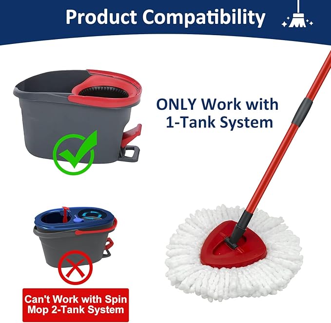 Mop Replace Heads Mop Handle and Mop Base Replacement for O Cedar EasyWring 1-Tank Spin Mop System, 2 Microfiber Mop Head Refills, 4-Section Iron Mop Handle 30-58in and 1 Mop Head Cover Set(No Bucket)