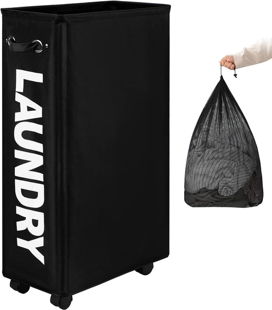 DOKEHOM 29-Inches Enlarged Slim Laundry Basket with Removable Wash Bag on Wheels, Collapsible Rolling Laundry Hamper, Foldable Narrow Corner Clothes Storage Bins (Black)