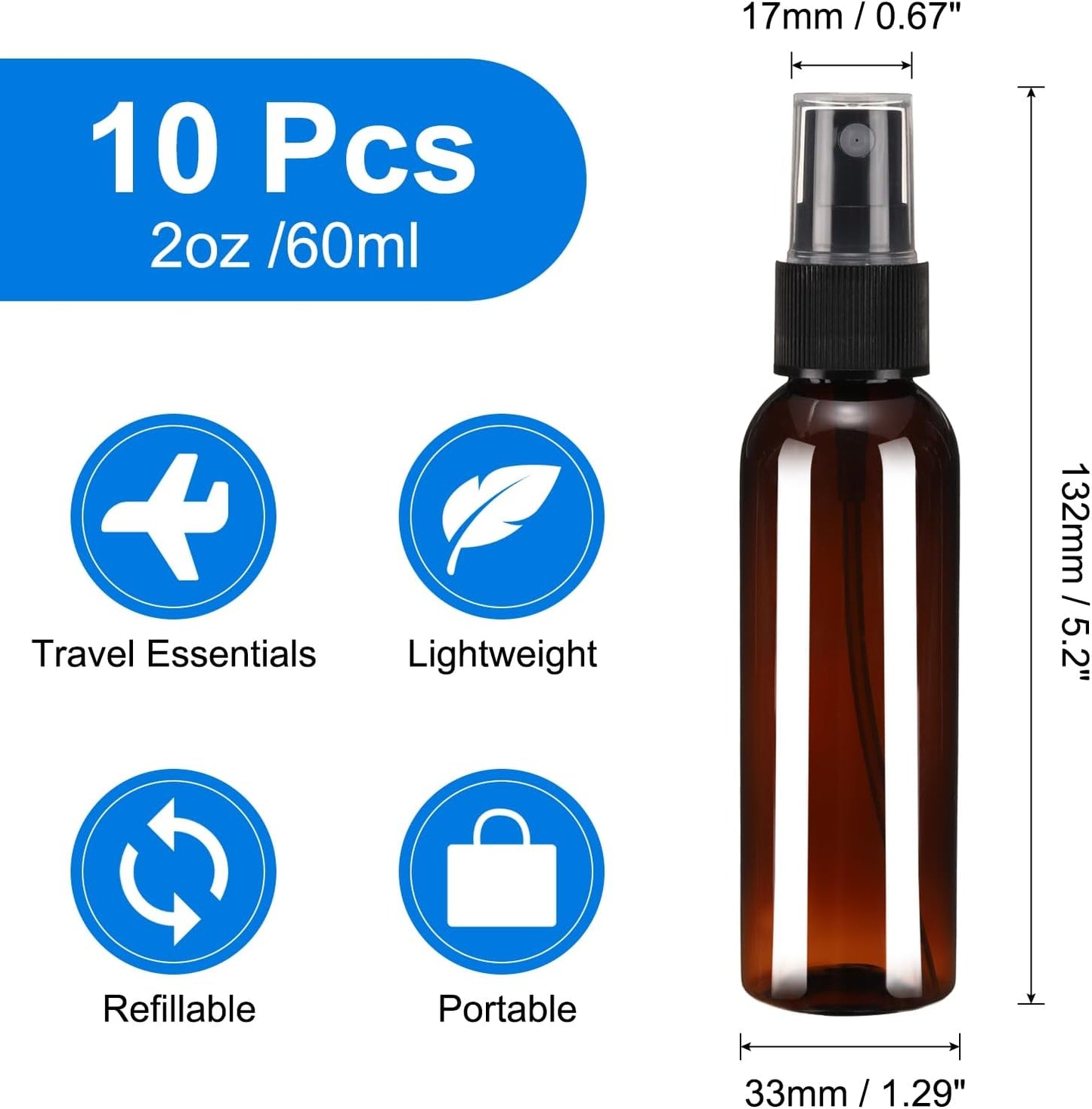 uxcell 10 Pack Spray Bottles, 2Oz/60ML Reusable Clear Empty Mist Plastic Mini Travel Bottle Set,Small Refillable Liquid Containers for Household Use, Essential Oil, Cleaning (Brown Black)
