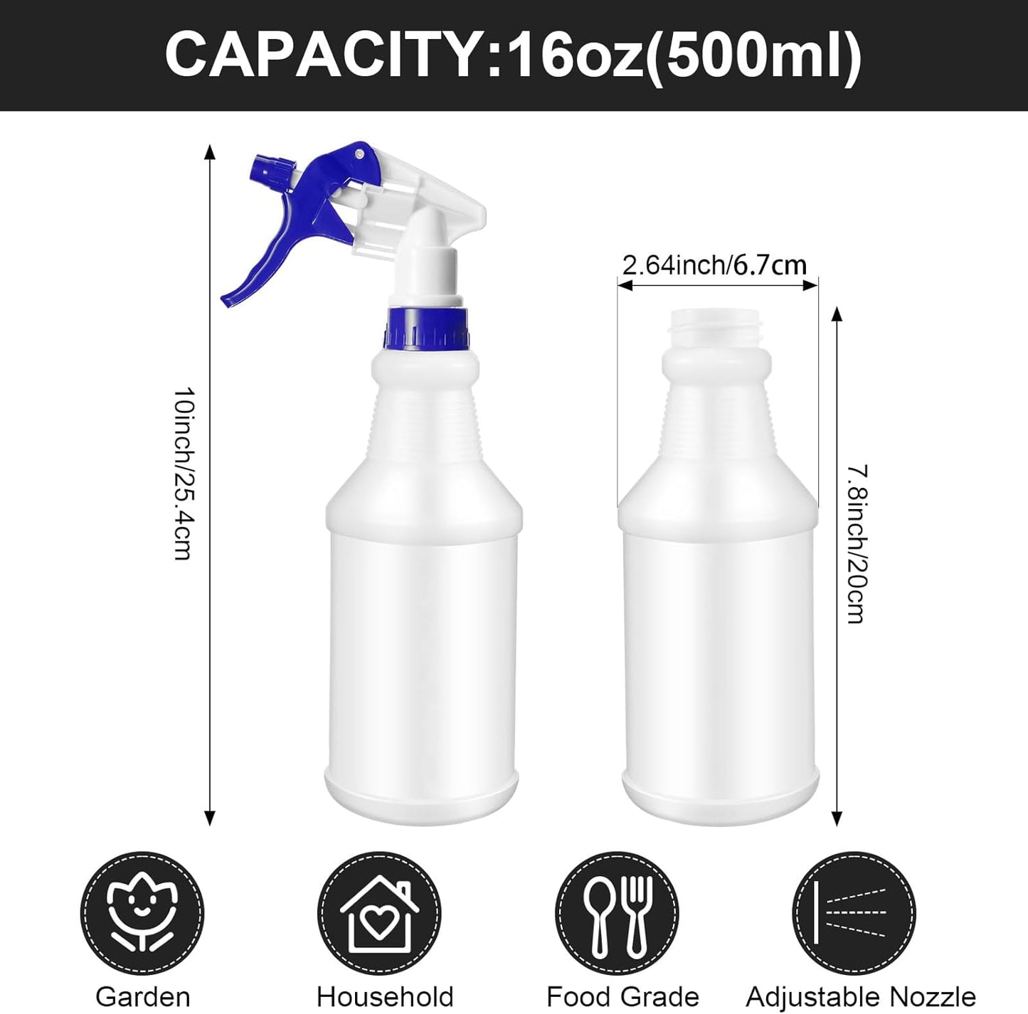 Eccliy 12 Pcs 16 Oz Plastic Spray Bottle, Adjustable Empty Reusable Sprayer for Cleaning, Planting, Water, Bathroom and Kitchen, BBQ, Commercial and Residential(Blue, Black,Original)