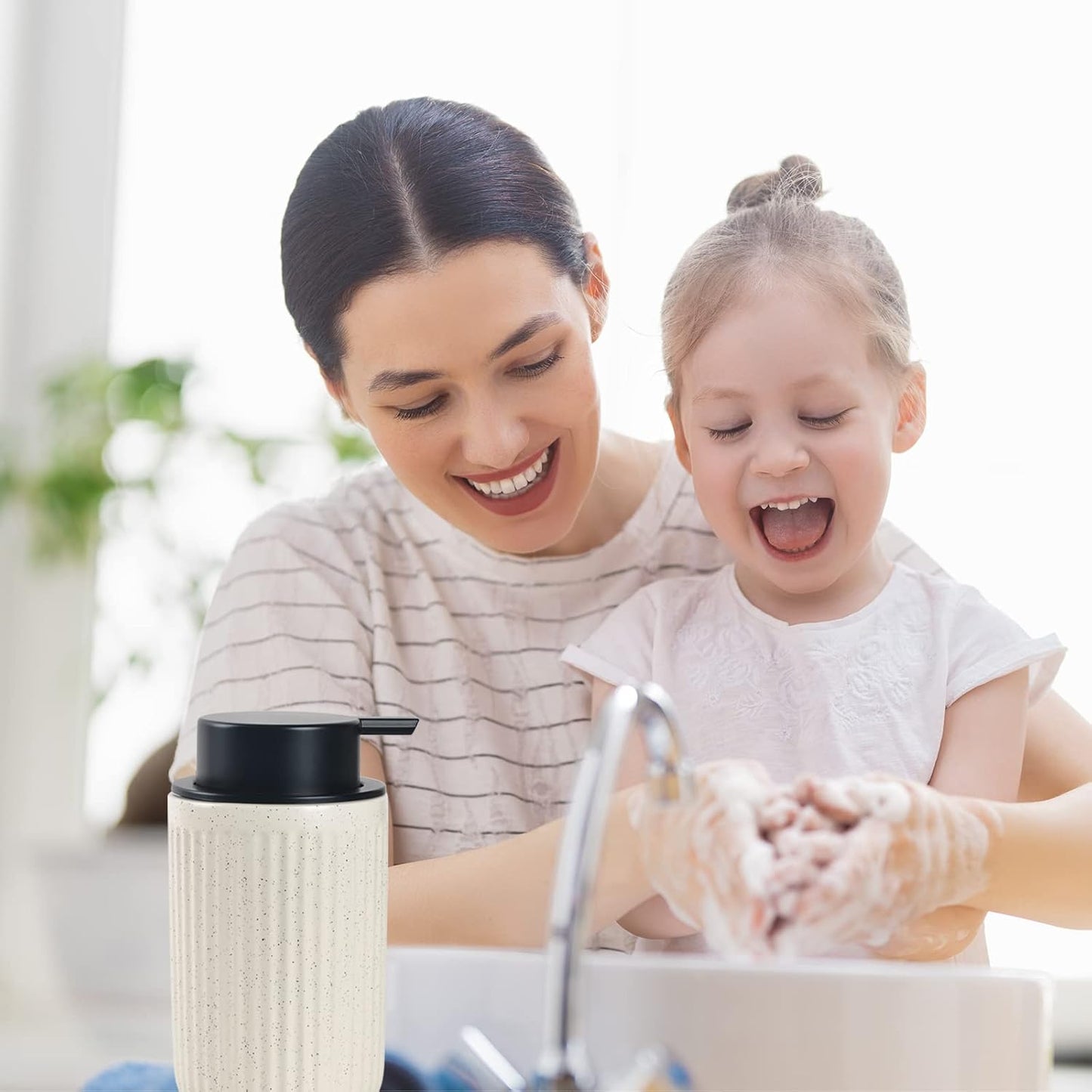 BosilunLife Dish Hand Soap Dispenser - Liquid Pump Soap Dispenser for Bathroom 12oz Ceramic Kitchen Dish Dispenser with Rust-Proof Liquid Pump Modern Refillable Lotion Bottles, Beige