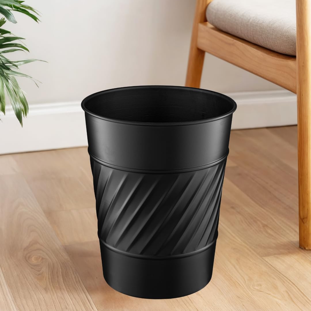 Monarch Abode Black Handcrafted Wave Embossed Metal Wastebasket for Home Office Bedroom, Decorative Waste Basket, Modern Bathroom Garbage Can, Durable & Decorative Trash Bin, Black Bathroom Trash Can