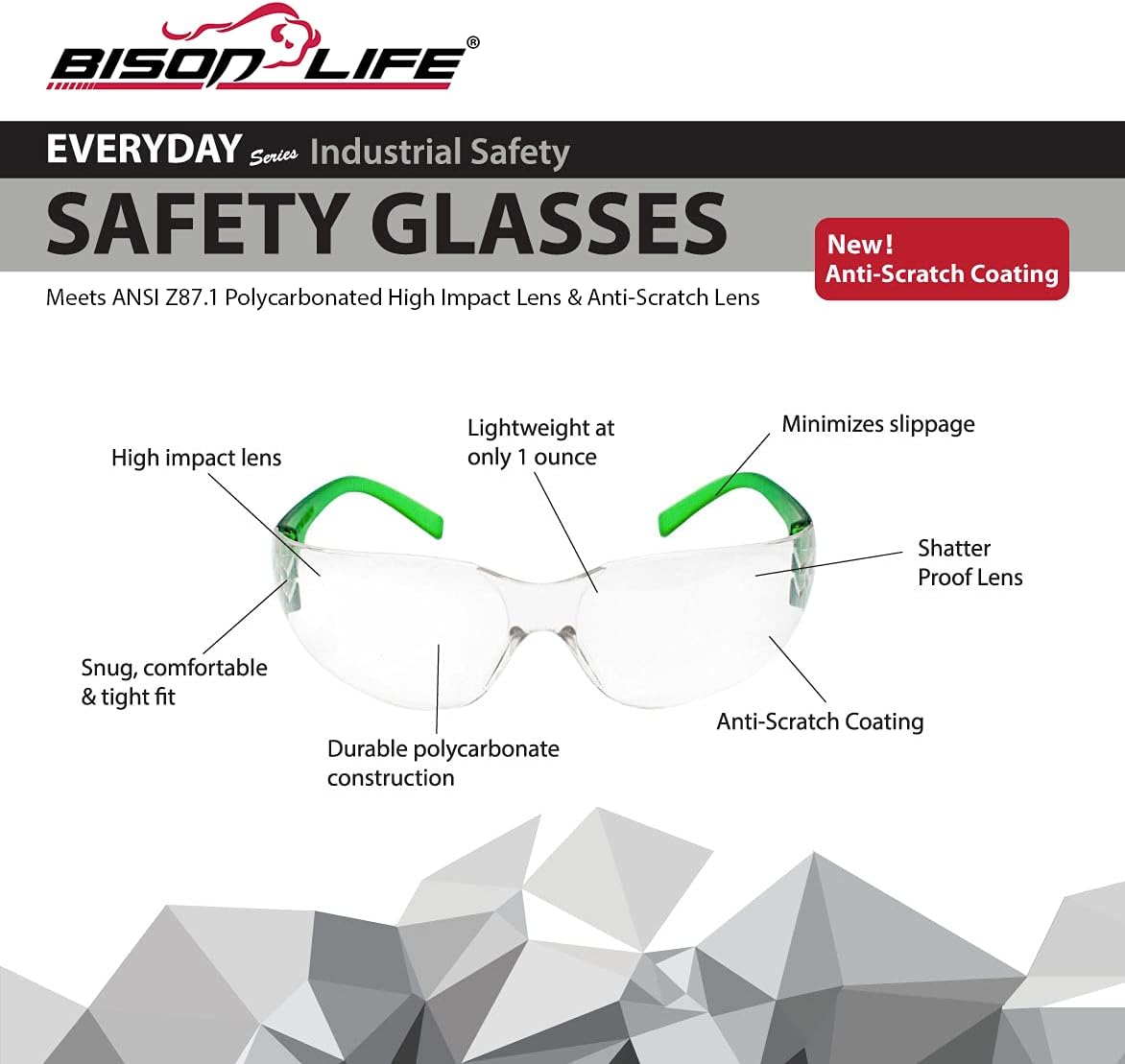 BISON LIFE Safety Glasses - Scratch Resistant Wrap Around Eyewear, Polycarbonate ANSI Z87.1 Impact Resistant Lens