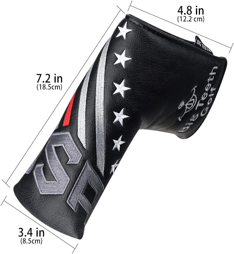 Big Teeth Golf Cover USA Stripe and Star Headcover Covers, Driver Fairway Wood Hybrid Headcovers Fits Blade Mallet Putter Iron and Woods with Magnetic Club Protector Pu Leather Golf Accessories