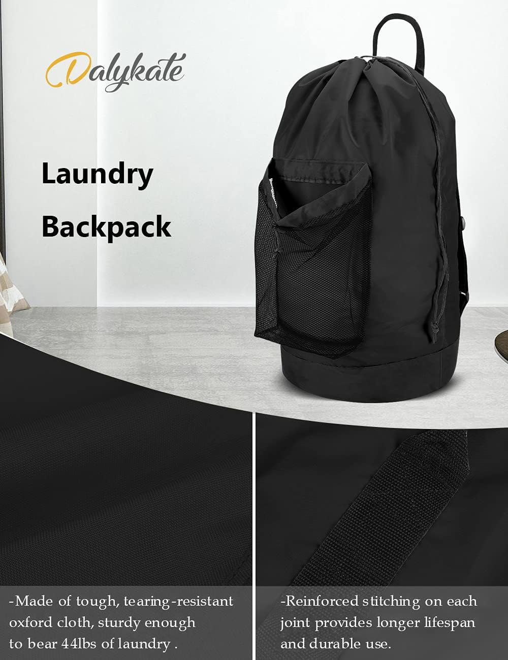 Dalykate Backpack Laundry Bag, Laundry Backpack with Shoulder Straps and Mesh Pocket Durable Nylon Clothes Hamper Bag with Drawstring Closure for College, Travel, Laundromat, Apartment