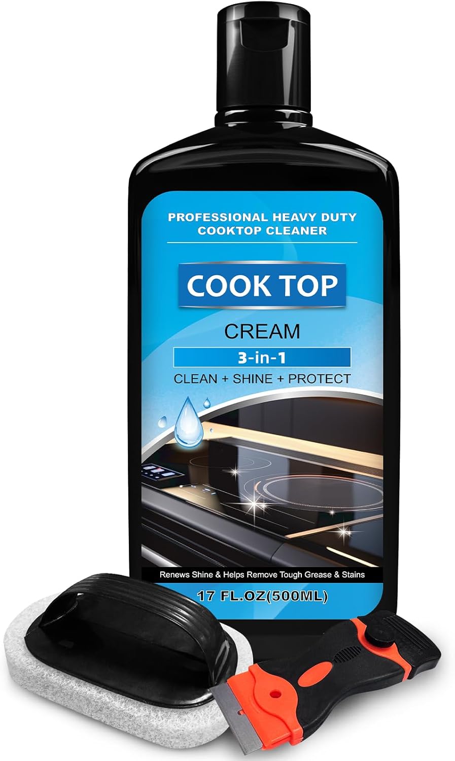 Cooktop and Stove Top Cleaner Kit, Glass Cooktop Cleaner Combo Kit with Razor, Scraper, Scrubbing Pad Removes Tough Stains, Stovetop Cleaner for Glass and Ceramic Surfaces,17OZ