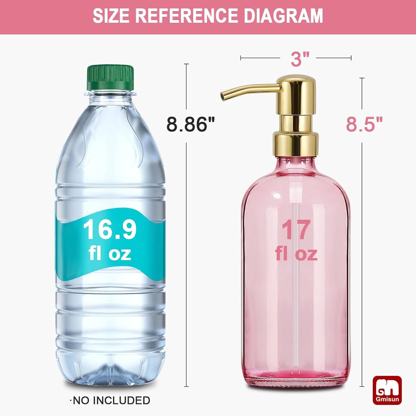 GMISUN Pink Soap Dispenser Bathroom, 2 Pack Kitchen Hand and Dish Soap Dispensers Set, 17 Fl Oz Pink Glass Soap Dispenser with Gold Pump, Refillable Modern Farmhouse Liquid Soap Pump Bottles