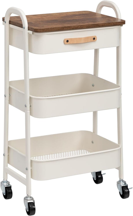 AGTEK Rolling Organizer Cart with Drawer, 3 Tier Movable Metal Utility Cart with Drawer, Mobile Trolley Cart for Home & Office, White