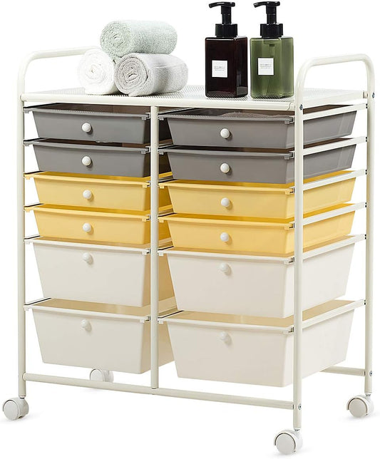 GOFLAME 12-Drawer Rolling Storage Cart, Multipurpose Organizer Cart with 2 Sizes Plastic Drawers, Mobile Utility Cart with Lockable Casters for School, Home Office, Beauty Salon, Yellow