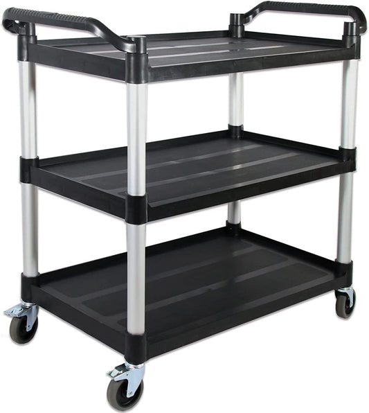 Service Cart with Wheels Lockable Large Size, Plastic Restaurant Cart Heavy Duty, Utility Commercial Cart for Office, Warehouse, Foodservice,40.1" L x 19.2" W x 38.5" H. Black (Large)