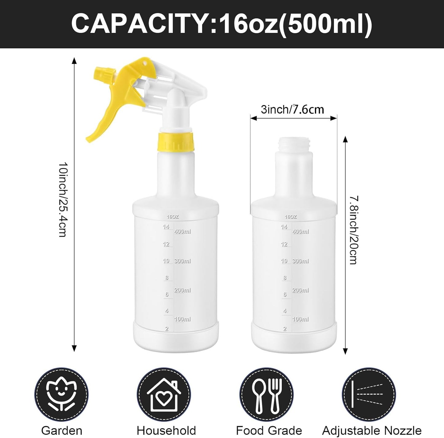 Eccliy 12 Pcs 16 Oz Plastic Spray Bottle, Adjustable Empty Reusable Sprayer for Cleaning, Planting, Water, Bathroom and Kitchen, BBQ, Commercial and Residential(Yellow,Measurement)
