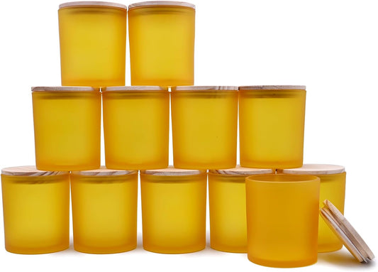 14 OZ Thick Candle Jars for Making Candles 12 Pcs, 3 Wick Empty Jars with Wood Lids for Candle Making, Sample Container, Frosted Yellow