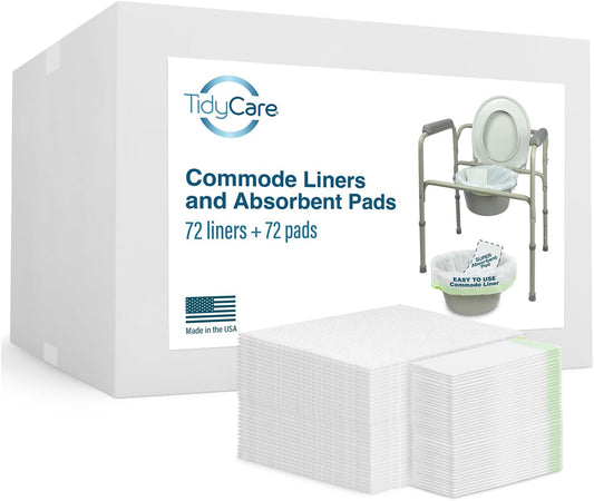 Disposable Bedside Commode Liners and Pads for Portable Toilet Chair Seat Bucket and Bedpan | Combo Pack of 72 Waste Bags and 72 Absorbent Pads | Universal Fit