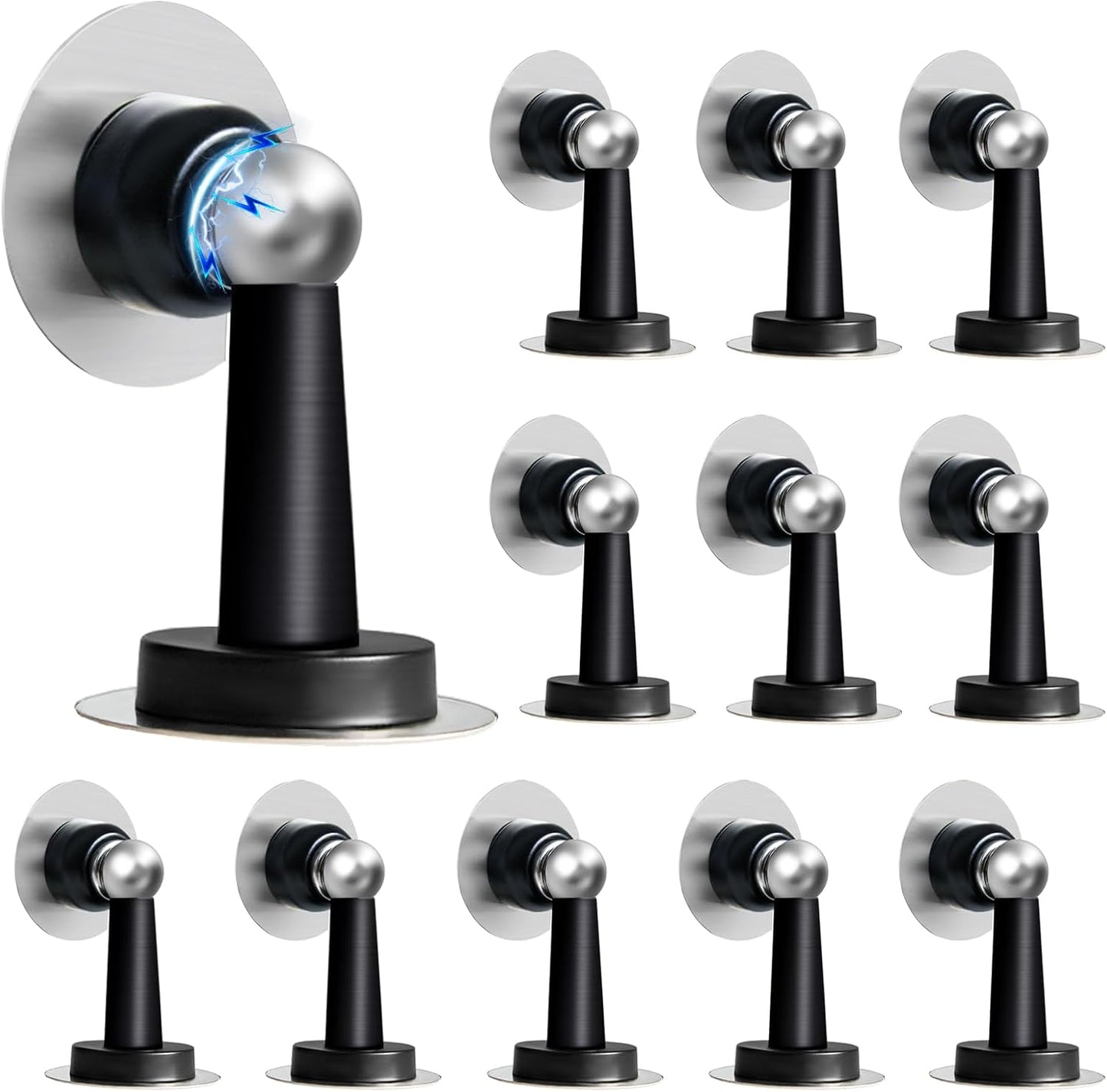 Shackcom Magnetic Door Stop 12 Pack Stainless Steel Door Holders to Keep Door Open Self-Adhesive Tape, Screws for Stronger Wall & Floor Mount for Bedroom Bathroom Kitchen Home Office(Black)