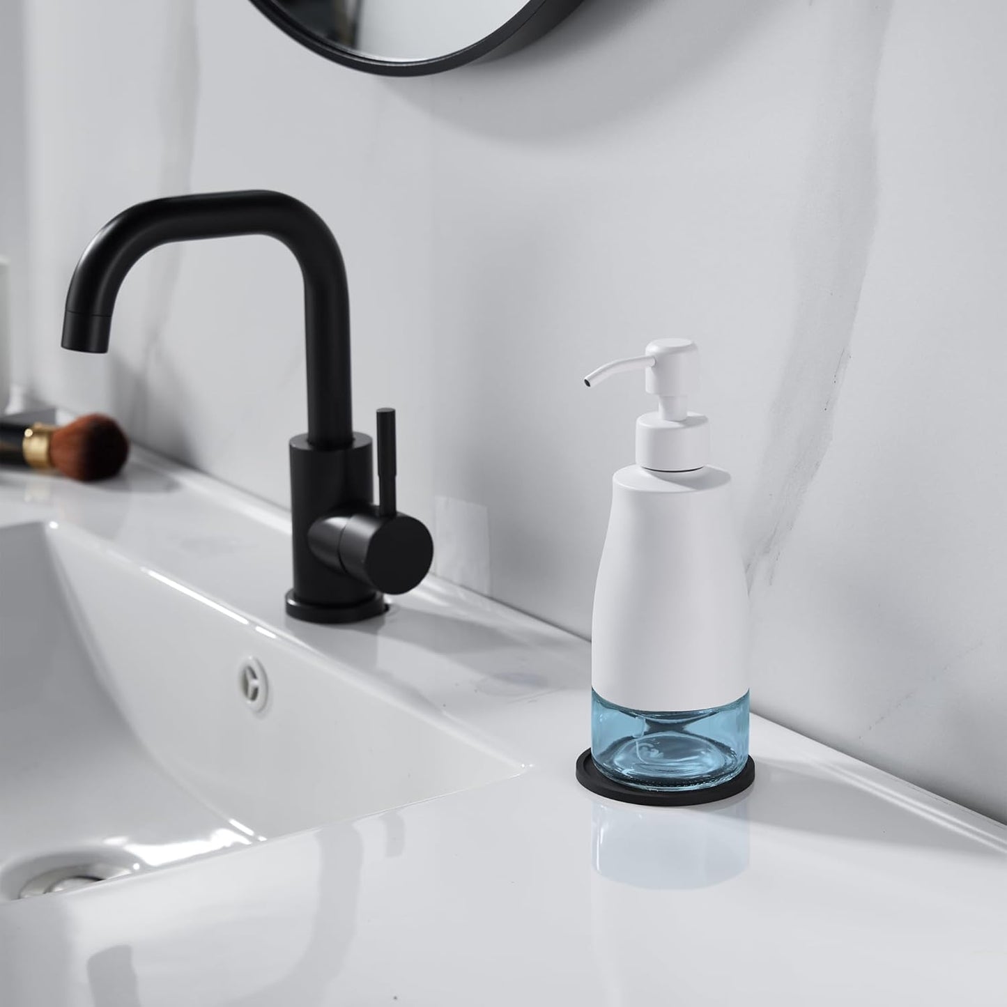 Gaussra White Soap Dispenser with Coaster and Stickers, Stainless Steel and Glass Bottle Hand Pump Dispenser, Refillable Liquid Hand Soap Dispenser for Bathroom & Kitchen (11OZ / 320ML)