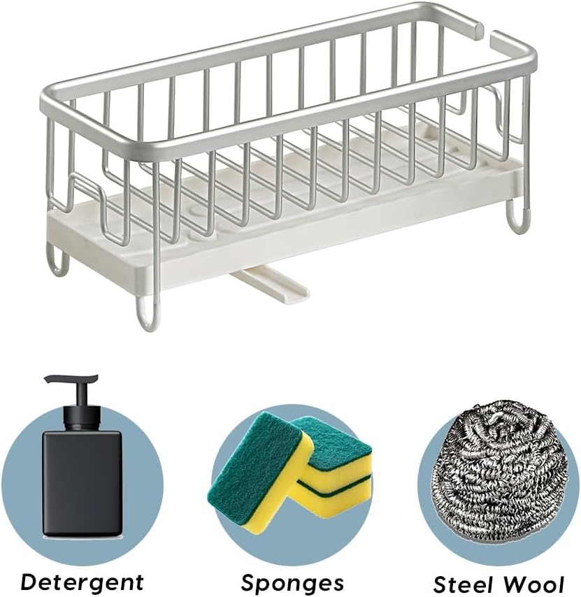 SunnyPoint Never Rust Aluminum Utensil, Sink Cleaning Tools Holder for Kitchen Sink with Drain Board; Dish Wand, Sponge, Soap Dispenser, Utensil Organizer Caddy (SIL)