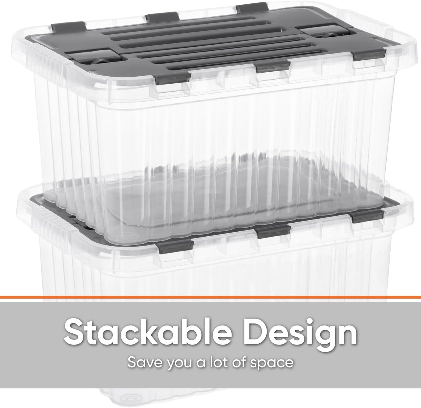 Superio Clear Storage Boxes with Attached Lids, Plastic Container Bins with Hinged Lids for Organizing, Stackable Crates, BPA Free, Non Toxic Organizers (4 Pack, 17"x11.65"x8.75")
