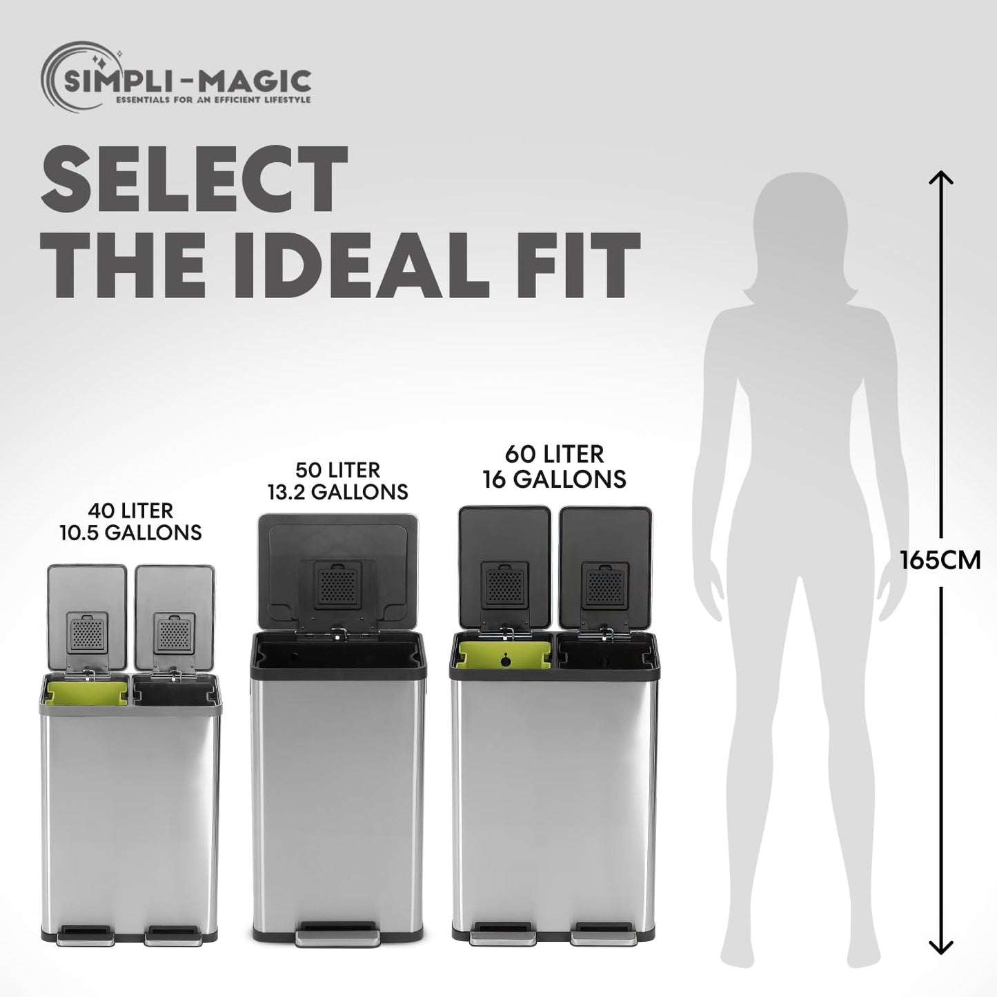 SIMPLI-MAGIC 50 Liter / 13.2 Gallon Soft-Close, Smudge Resistant Trash Can with Foot Pedal and Built in Filter- Stainless Steel, Sleek Finish