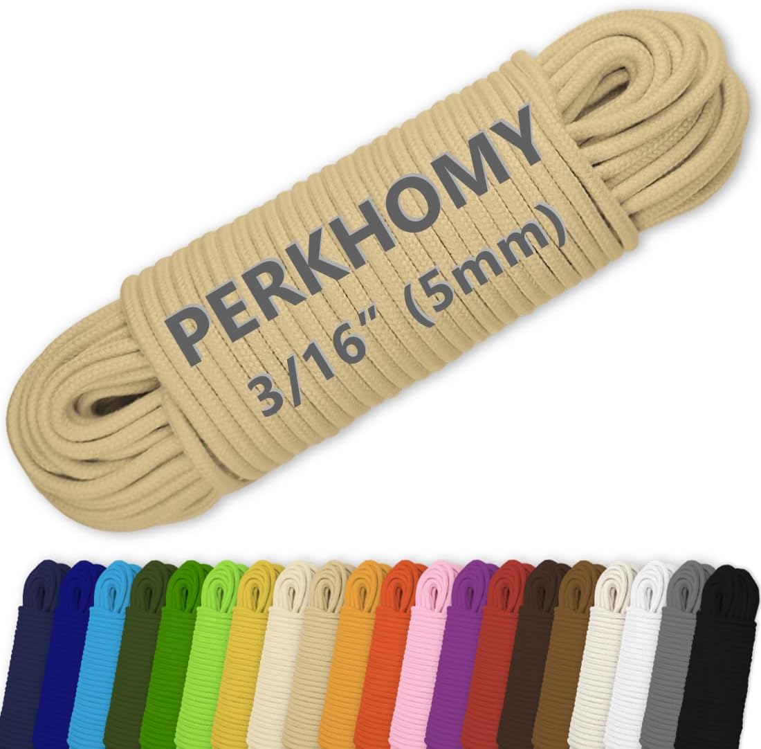 PerkHomy Cotton Rope 3/16" (5mm) 100 ft Multi Purpose Utility Diamond Braided Cord, Natural Cotton for Clothes Line Camping Crafting Flag Pole, Khaki