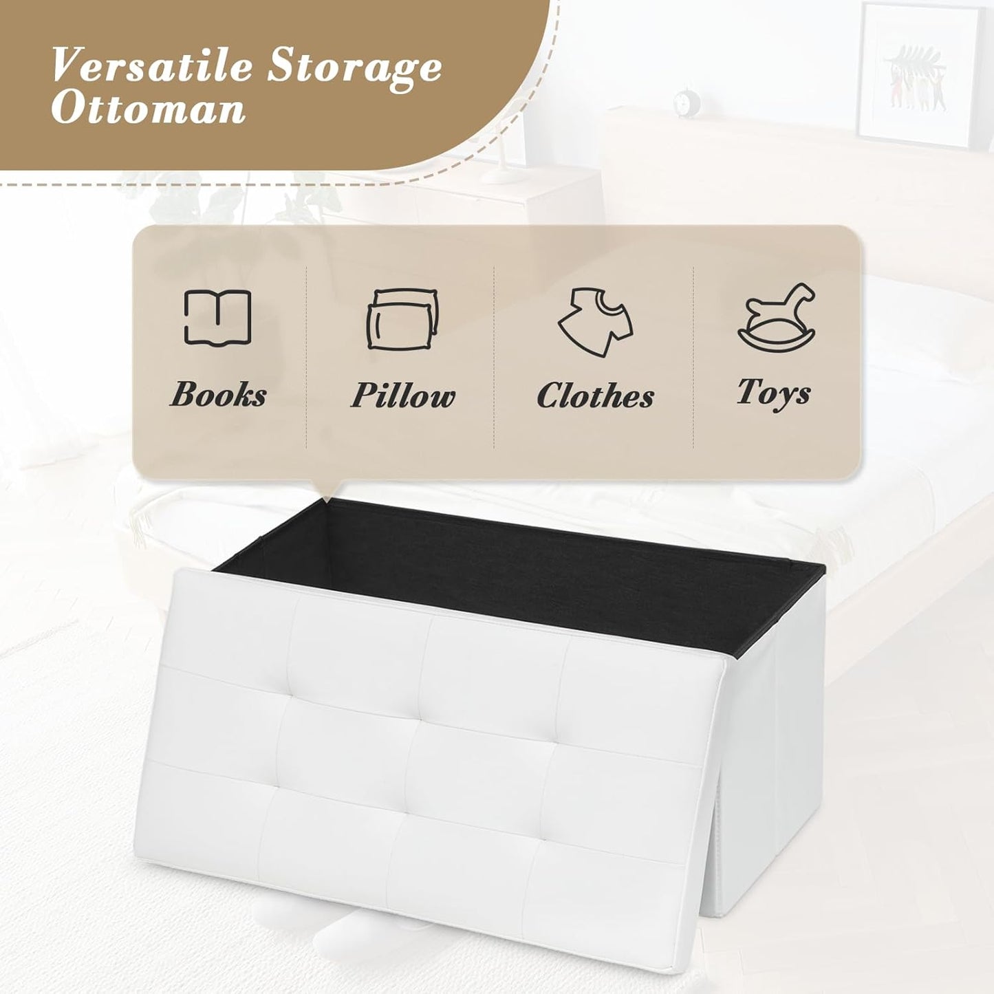 Athena Collection 30" Storage Ottoman Bench Folding Bench with 90L Hidden Storage, Large End of Bed Bench PU Leather Foot Rest Stool Chest with Flipping Lid for Living Room, Bedroom, Entryway, White