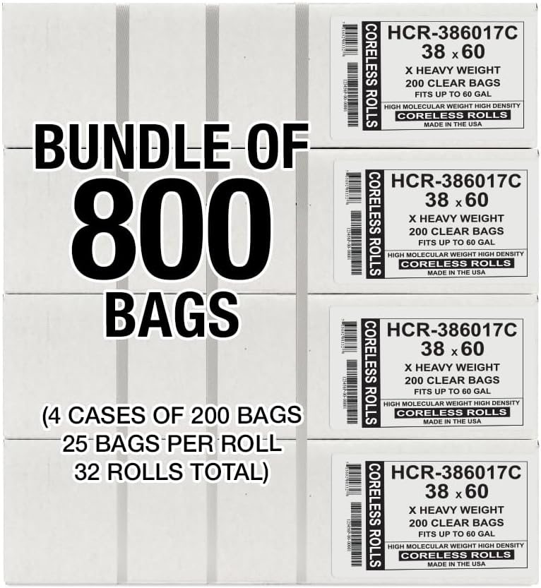 Aluf Plastics High Density Trash Bags, 60 Gallon, 800 Count, 17 Micron (eq), 38" x 60", Clear, for Bathroom, Office, Industrial, Commercial, Janitorial, Municipal, Recycling