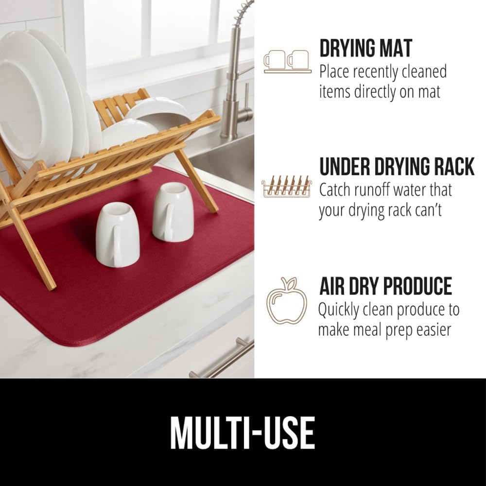 GORILLA GRIP Ultra Water Absorbent Microfiber Dish Drying Mat, 18x24, Quick Dry Thick Mesh, Slip Resistant Pad for Sink Dishes or Under Rack, Kitchen Counter Accessories, Machine Wash, 2 Pack Red