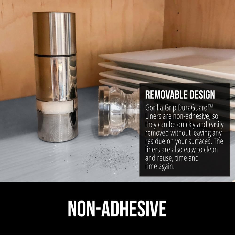 GORILLA GRIP DuraGuard Shelf Liner, Non-Adhesive Cabinet Liners for Kitchen Drawers, Shelves, Refrigerator, Pantry Storage, Bathroom Closet, Durable Waterproof BPA Free Ribbed Plastic, 20x10 Gray