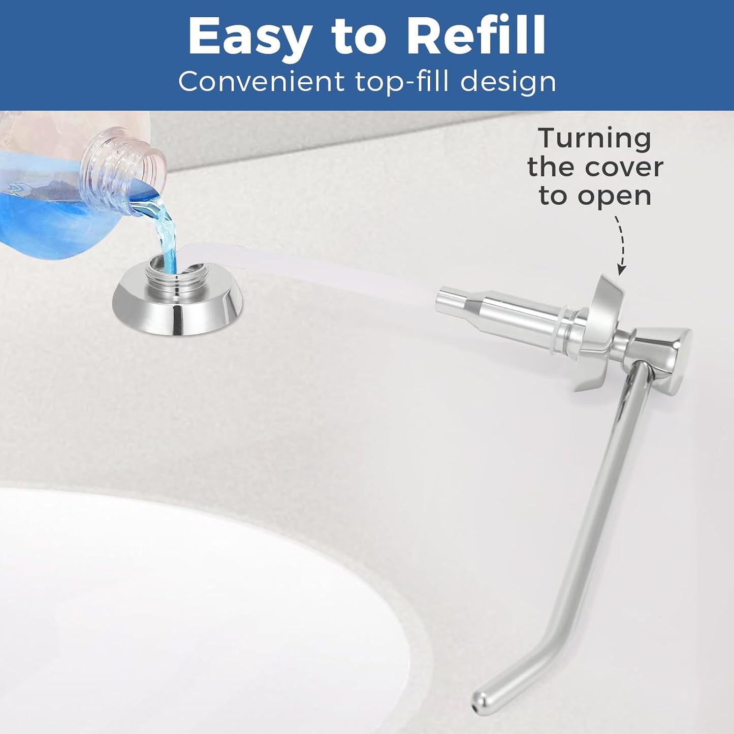 Heavy Duty Brass Countertop Liquid Soap Dispenser, Commercial Grade Top Fill Built-in Soap Dispenser with 34 oz/ 1L Bottle for Bathroom, Kitchen, Public Restroom, Chrome Finish, 6” Spout