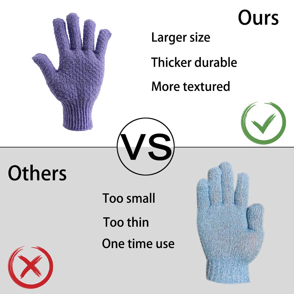 Bath Exfoliating Gloves Scrub - 4 pcs(2 pairs) Lengthened and Large Exfoliating Scrubbing Gloves for Shower, Spa, Massage - Scrub Exfoliating Mitts for Body, Face, Hand （Purple and Beige）