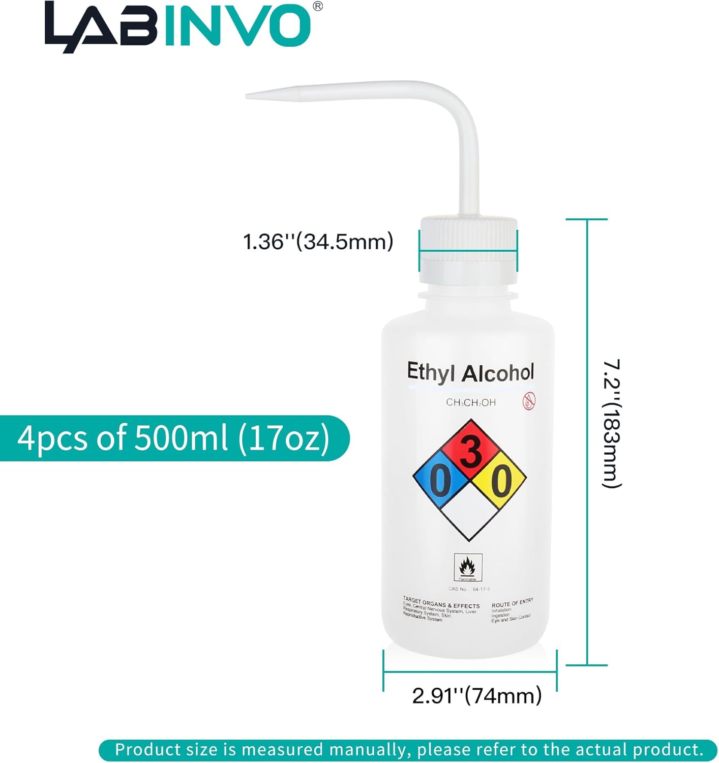 4PCS of Ethyl Alcohol Wash Bottles, Vol.500ml (17oz), Narrow Mouth, Self-Venting Safety Wash Bottle, LDPE Material, IN-WBE500